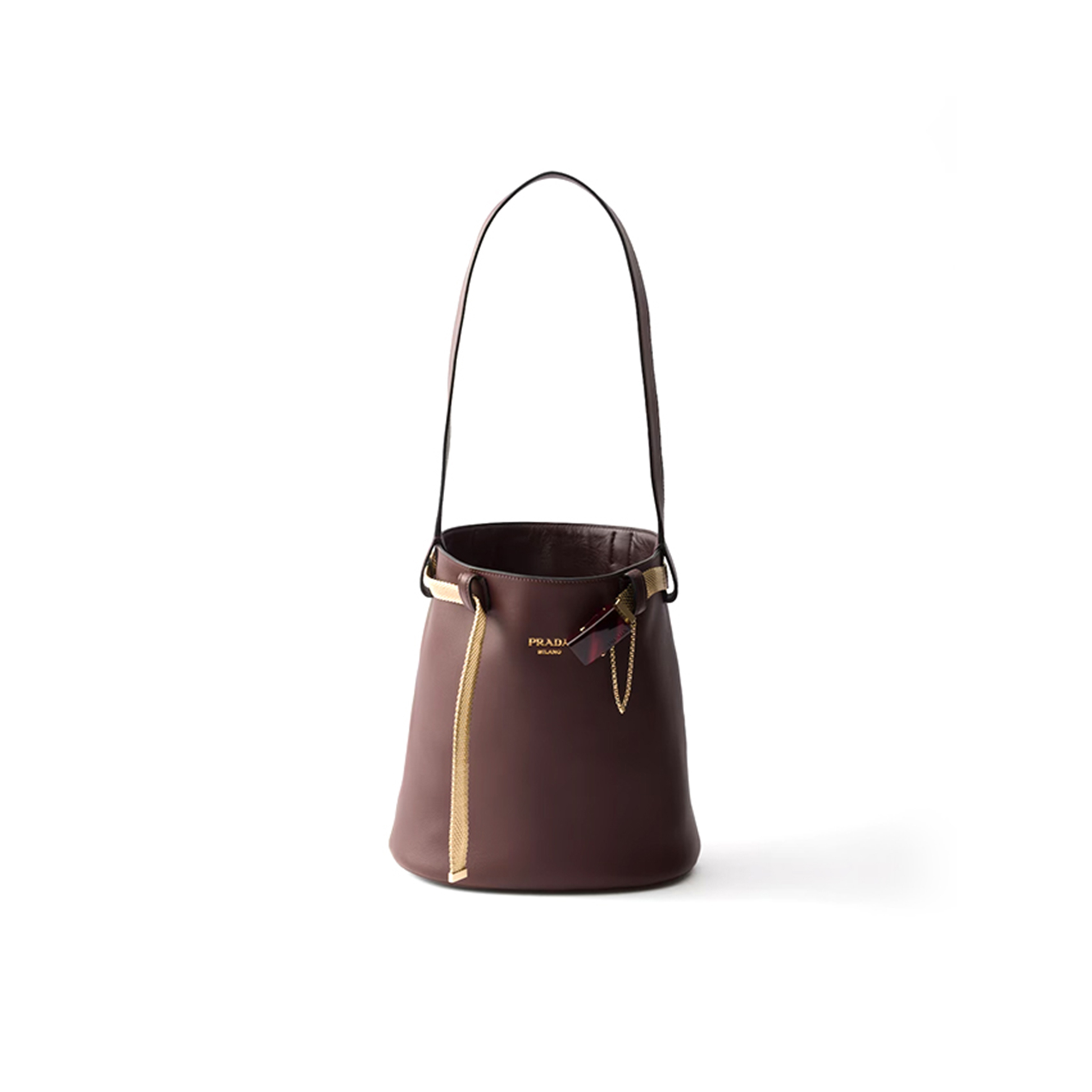 Pra*a buckle leather bucket bag with jeweled belt 1be085 (29*16.5*18cm)